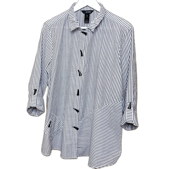 ALI MILES Striped Button Down Tunic Shirt Toggle Sleeves Womens L White Gray - Picture 3 of 9